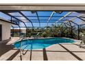 A screened-in pool area featuring clear blue water, lounge chairs, and views of the surrounding greenery at 15600 Aldama Cir, Port Charlotte, FL 33981