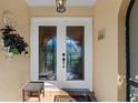 Elegant double front doors with decorative glass panels, complemented by a textured wall and greenery at 1225 Neapolitan Rd, Punta Gorda, FL 33983