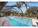 Gorgeous screened-in pool with crystal clear water and outdoor seating, surrounded by lush tropical foliage at 1225 Neapolitan Rd, Punta Gorda, FL 33983