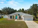 Charming single-story home featuring a blue front door, well-manicured lawn and attached two-car garage at 3213 Belleville Ter, North Port, FL 34286
