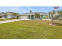 Beautifully landscaped front yard with lush green lawn, mature palms, and a charming green exterior at 321 Pessoa St, Punta Gorda, FL 33983