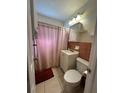 Cozy bathroom featuring a vanity, toilet, and shower with pink accents at 22191 Augusta Ave, Port Charlotte, FL 33952