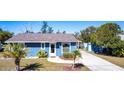 Single-story home with blue siding, palm trees in the front yard, and long concrete driveway at 3249 Cedarbrook Dr, Punta Gorda, FL 33982