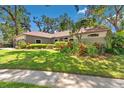 Landscaped front yard featuring lush green grass, colorful plants and shrubs and mature trees creating shade at 1102 Hunt Club Ln, Valrico, FL 33594