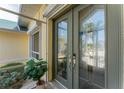 Elegant front door with decorative glass inserts, complemented by a green trim and tropical plants at 1134 Coronado Dr, Punta Gorda, FL 33950
