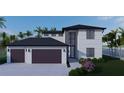 Modern two-story home features a two-car garage, neutral stucco exterior, and black trim in tropical landscaping at 7 Sunflower Dr, Placida, FL 33946