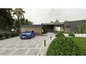 Modern home with a textured driveway, complemented by mature shrubs, palm trees, and a blue car parked in the driveway at 2523 Ryan Blvd, Punta Gorda, FL 33950