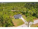 Aerial view of a modern home surrounded by lush greenery and a long driveway at 28218 N Twin Lakes Dr, Punta Gorda, FL 33955