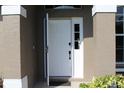 Close up of the front door with decorative trim and sidelight windows at 4027 Quaker Ln, North Port, FL 34288