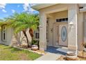 Inviting front entrance featuring a decorative glass door, decorative lanterns, and manicured landscaping at 27038 San Jorge Dr, Punta Gorda, FL 33983