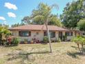Charming one-story home with mature landscaping including palm trees and colorful flowering shrubs in the front yard at 4071 Dekle Ave, North Port, FL 34286