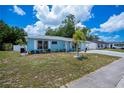 Charming single-story home with a blue exterior, well-kept lawn and white trim around the windows at 7231 Elyton Dr, North Port, FL 34287