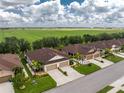 An aerial view shows this townhome with a well-manicured lawn backing up to green open space at 8866 Tuscany Isles Dr, Punta Gorda, FL 33950