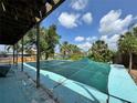 View of the partially covered pool with a green cover, next to tropical trees, and blue skies at 1611 Robbins Rd, Nokomis, FL 34275