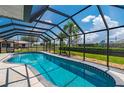 Enclosed pool boasts clear blue water, a tiled edge, and views of a verdant yard and palm trees at 25371 Paladin Ln, Punta Gorda, FL 33983