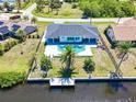 Stunning aerial view of the home's private backyard oasis, complete with a sparkling pool and waterfront access at 18610 Fort Smith Cir, Port Charlotte, FL 33948