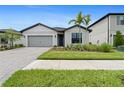 Beautiful single-story home with a well-maintained lawn, brick driveway, and modern architectural details at 2477 Gabel Oak Dr, North Port, FL 34289