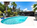 Sparkling in-ground pool with mature palms and screen enclosure under a bright blue sky at 8513 Heister St, Punta Gorda, FL 33982