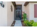Close-up of the home's front entrance, featuring a secure screen door, and decorative plants at 2712 Arugula Dr, North Port, FL 34289
