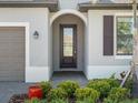 Elegant front entrance with a glass door, complemented by manicured shrubs and landscape at 2161 Gardenia Ave, Port Charlotte, FL 33953