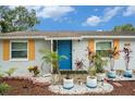 Inviting front entry with a vibrant blue door, complemented by colorful plants and landscape at 3612 Patina Dr, Tampa, FL 33619