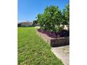 Spacious backyard with lush landscaping and a storage shed at 1455 Crest Dr, Englewood, FL 34223