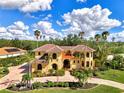 Aerial view of a luxurious Mediterranean home with palm trees at 3060 Rivershore Ln, Port Charlotte, FL 33953