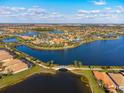 Expansive aerial view showcasing the community's lakes, lush landscaping, community pool, and beautiful residential homes at 19241 Serafina St, Venice, FL 34293