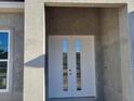 Modern double front door with glass panels and a textured stucco surround, creating an inviting entrance at 418 Rotonda Cir, Rotonda West, FL 33947