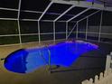 Night view of a kidney-shaped pool with screen enclosure and illuminated blue water, creating a tranquil ambiance at 10075 Bay Ave, Englewood, FL 34224