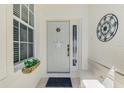 Close-up of the front door with decorative details, sidelight window, and window box at 14270 Reserve Ct, Port Charlotte, FL 33953