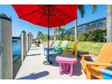 Inviting waterfront dock with colorful Adirondack chairs, offering a perfect spot for relaxation and enjoying waterfront views at 471 Capri Isles Ct, Punta Gorda, FL 33950