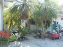 Close-up of the front entrance, landscaped with palm trees and various potted plants at 26191 Angelica Rd, Punta Gorda, FL 33955