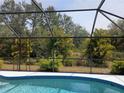 Inviting pool with clear blue water, seen through the screen enclosure with tropical landscaping at 3278 Cabaret St, Port Charlotte, FL 33948
