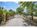 Long driveway leading to a property entrance with decorative metal gates and lush greenery at 24805 Nova Ln, Punta Gorda, FL 33980