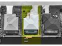 Birds eye view of a home, showcasing a pool, dock, driveway, and landscaping at 10115 Long Branch St, Port Charlotte, FL 33981
