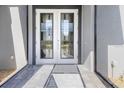 Close up of a modern front door with glass inserts and stone entryway at 10115 Long Branch St, Port Charlotte, FL 33981
