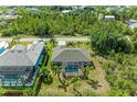 Aerial view showcases a private backyard oasis with a screened pool and lush tropical landscaping at 9211 Koma St, Port Charlotte, FL 33981