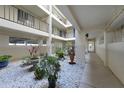 Charming courtyard with lush greenery and white pebble ground cover for a peaceful ambiance at 1501 Beach Rd # 303, Englewood, FL 34223