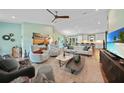 Open-concept living room with kitchen view, featuring sleek furnishings, contemporary decor, and plenty of natural light at 171 Mark Twain Ln, Rotonda West, FL 33947