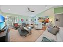 Bright living room with a ceiling fan, stylish furniture, and decor, offering a modern and comfortable living space at 171 Mark Twain Ln, Rotonda West, FL 33947