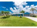 Beautiful blue home featuring a lush lawn, mature palm trees, stone accents, and tidy landscaping at 23 Bunker Cir, Rotonda West, FL 33947