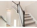 Carpeted staircase with dark wood accents and white railings, leading to the upper level of the home at 17605 Boracay Ct # 201, Venice, FL 34293