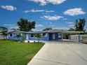 A charming one-story home with a bright blue exterior, covered parking, and a well-maintained lawn at 1295 S Maryknoll Rd, Englewood, FL 34223