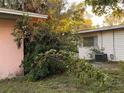 View of the backyard showcasing the exterior of the home with lush greenery and an AC unit at 2911 Novus St, Sarasota, FL 34237