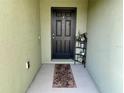 Welcoming front entryway features a decorative mat, small plants, and a black front door at 6698 Wirevine Dr, Brooksville, FL 34602