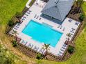 Aerial view of a sparkling pool with lounge chairs and a covered patio area at 17677 Nectar Flume Dr, Land O Lakes, FL 34637