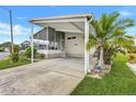 Charming home with a covered carport, screened-in porch, and a neatly landscaped yard with a palm tree at 9790 66Th N St # 89, Pinellas Park, FL 33782