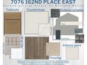 Selection of interior and exterior design elements, including flooring, cabinetry, paint, and countertops at 7076 162Nd E Pl, Parrish, FL 34219