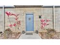 Entrance to unit with blue door and minimalist landscaping, including pink flowering plants at 5008 S Macdill Ave # 12, Tampa, FL 33611